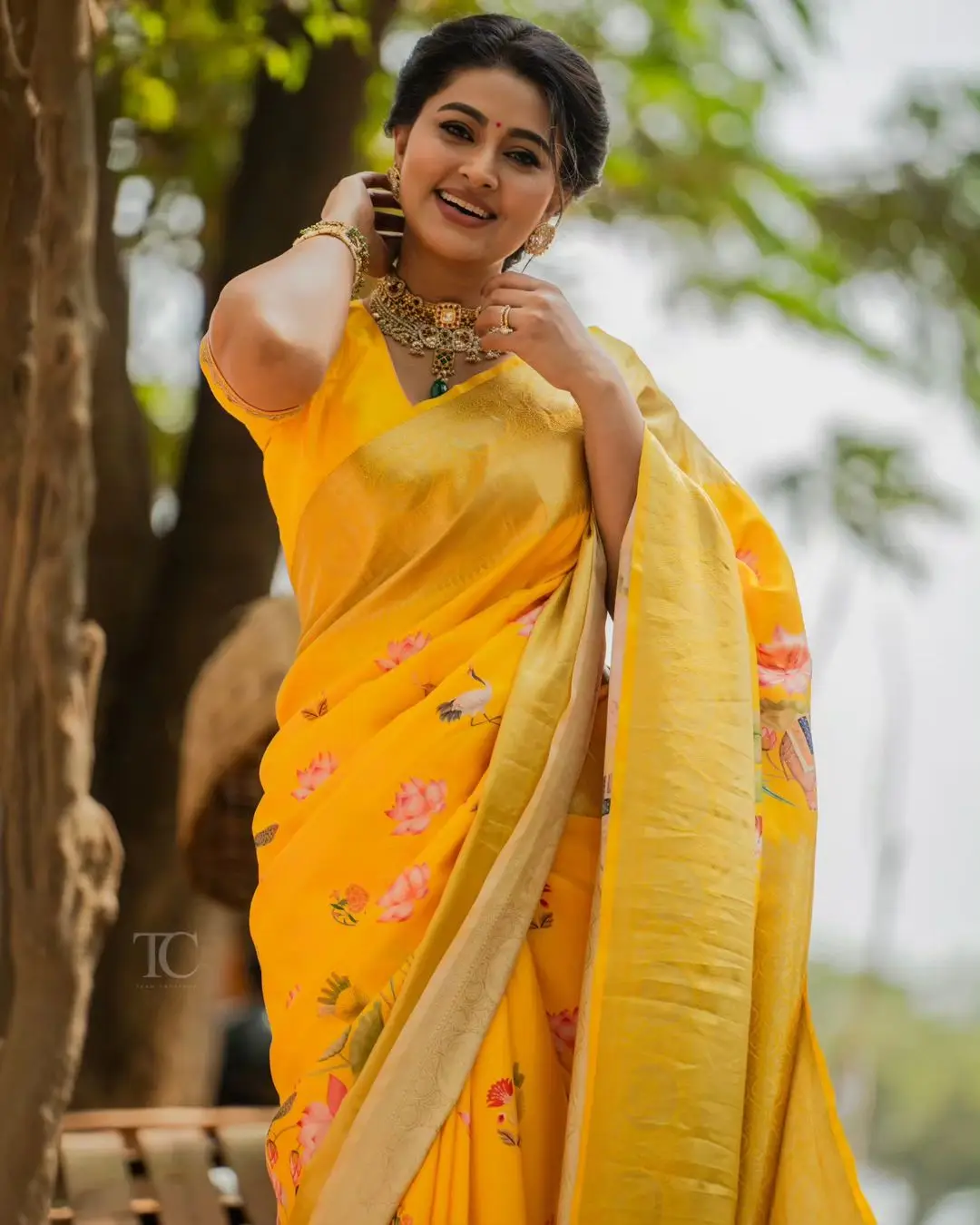 South Indian Girl Sneha In Traditional Yellow Saree Blouse